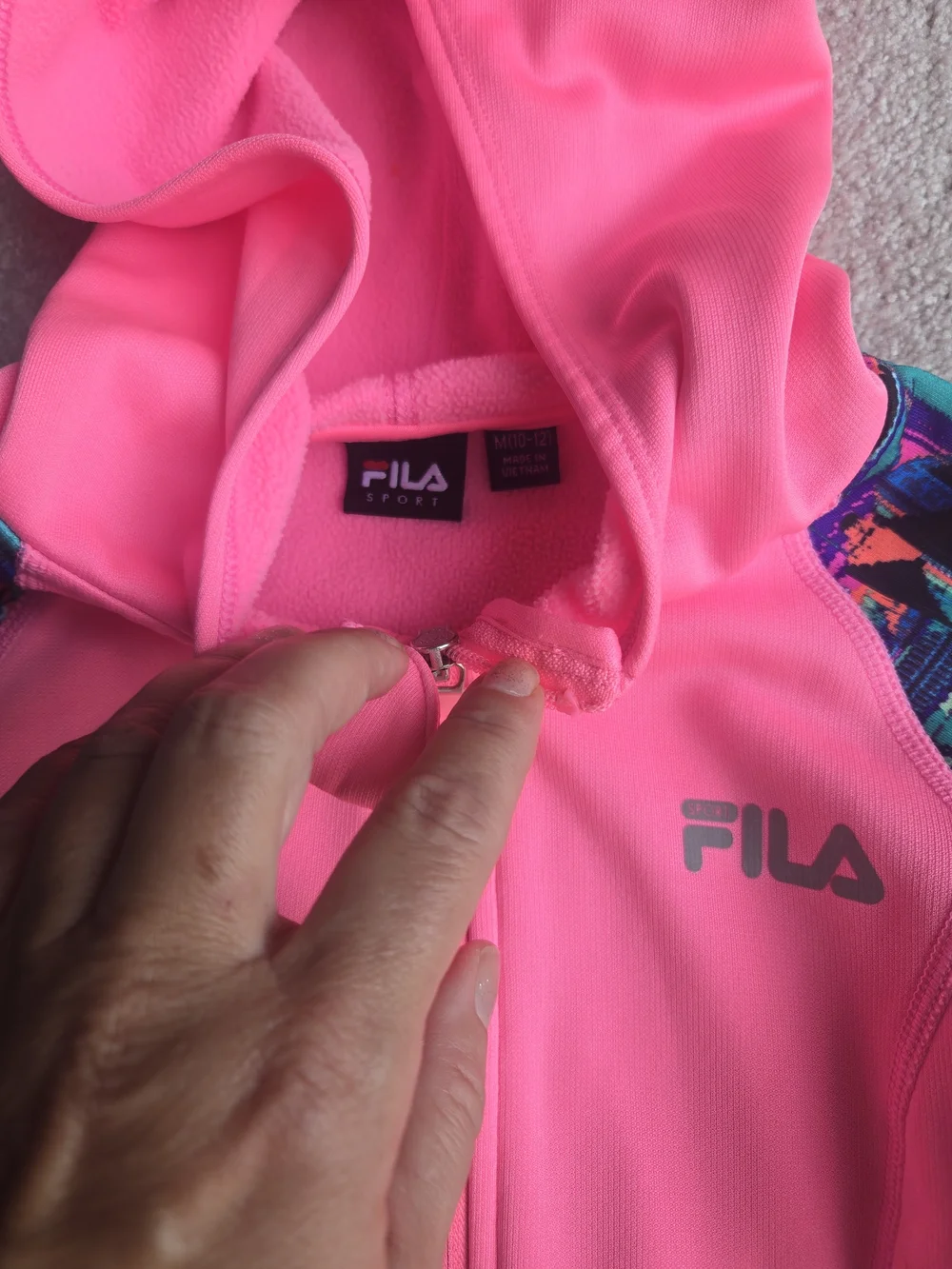 Fila Neon Pink Girls' Zip Hoodie with Multicolor Geo Sleeves